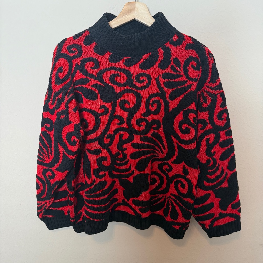Vintage Arielle 80s Cropped Sweater Mock Neck Geometric Pattern Red Black Womens